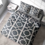 Bedding Set „Unified“. Microfiber bedding sets, 140x200 cm, 150x200 cm, 160x200 cm, 180x200 cm, 200x200 cm, 200x220 cm. Modern darker grey bedding adorned with overlapping white and brownish squares and circles.