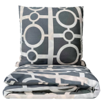 Bedding Set „Unified“. Microfiber bedding sets, 140x200 cm, 150x200 cm, 160x200 cm, 180x200 cm, 200x200 cm, 200x220 cm. Sophisticated darker grey bedding with intertwined white and brownish squares and circles.