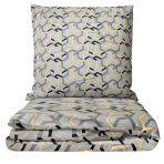 Bedding Set „Vibe“. Bedding sets 135x200, 140x200 cm, 200x200 cm, 200x220 cm. Bedding set with a modern geometric pattern on a sand-colored background, featuring gray and black accents.