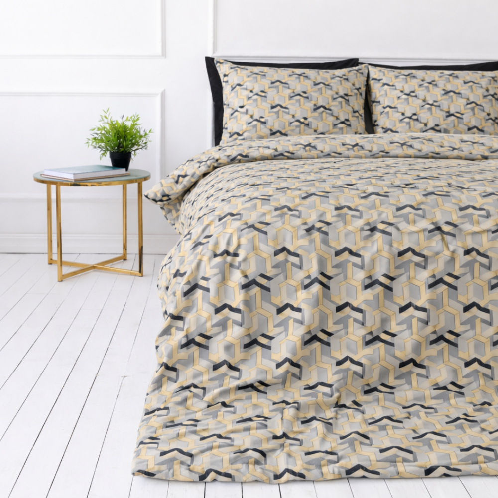 Bedding Set „Vibe“. Bedding sets 135x200, 140x200 cm, 200x200 cm, 200x220 cm. Double bedding set with a subtle yellow and black geometric motif.