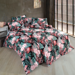 Bedding Set „Walter Pink“. Pink bedding, 140x200 cm, 200x200 cm, 200x220 cm. Bedding set with a black background adorned with vibrant pink flowers and lush green leaves, creating a striking and lively design.
