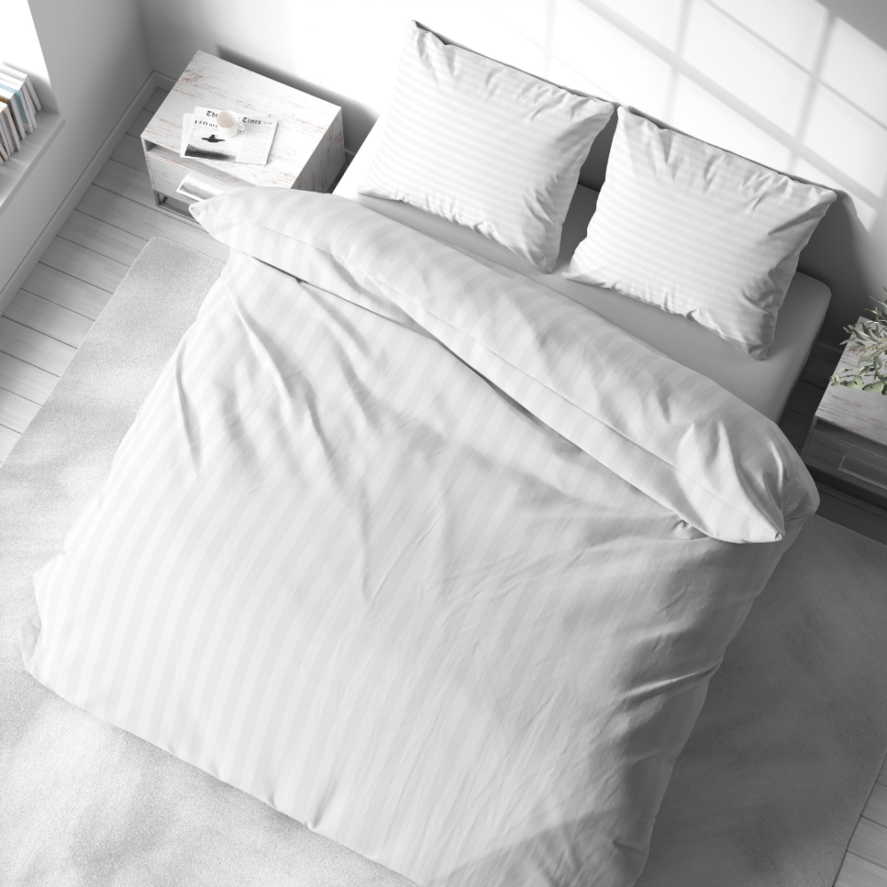 Bedding Set „White Stripes“. Patterned bedding sets, 140x200 cm, 150x200 cm, 160x200 cm, 180x200 cm, 200x200 cm, 200x220 cm. Crisp white bedding set with a refined stripe pattern for a clean, modern look.