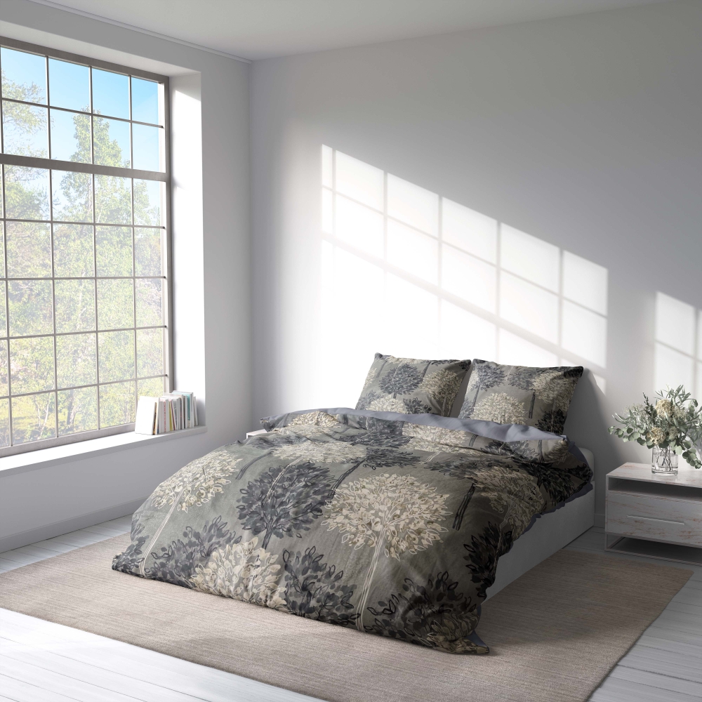 Bedding Set „Woodland“. Patterned bedding sets, 140x200 cm, 200x200 cm, 200x220 cm. Bedding with stylized floral designs in blue and gray tones.