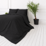 Premium Sateen Bedding Set „Black Stripe Sateen“. Mako cotton sateen bedding, 140x200 cm, 200x200 cm. Elegant striped design in rich black bedding.