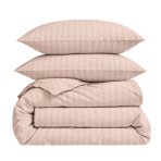Premium Sateen Bedding Set „Classic Coffee Stripe Sateen“. Mako cotton sateen bedding, 140x200 cm, 150x200 cm, 160x200 cm, 180x200 cm, 200x200 cm, 200x220 cm, 220x240 cm. Light beige bedding set with a pink undertone and subtle stripes.