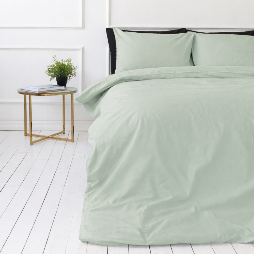 Premium Sateen Bedding Set „Eucalyptus“. Bedding sets 150x200, 100x140 cm, 140x200 cm, 150x200 cm, 160x200 cm, 180x200 cm, 200x200 cm, 200x220 cm, 220x240 cm. Natural green bedding set with simple modern design