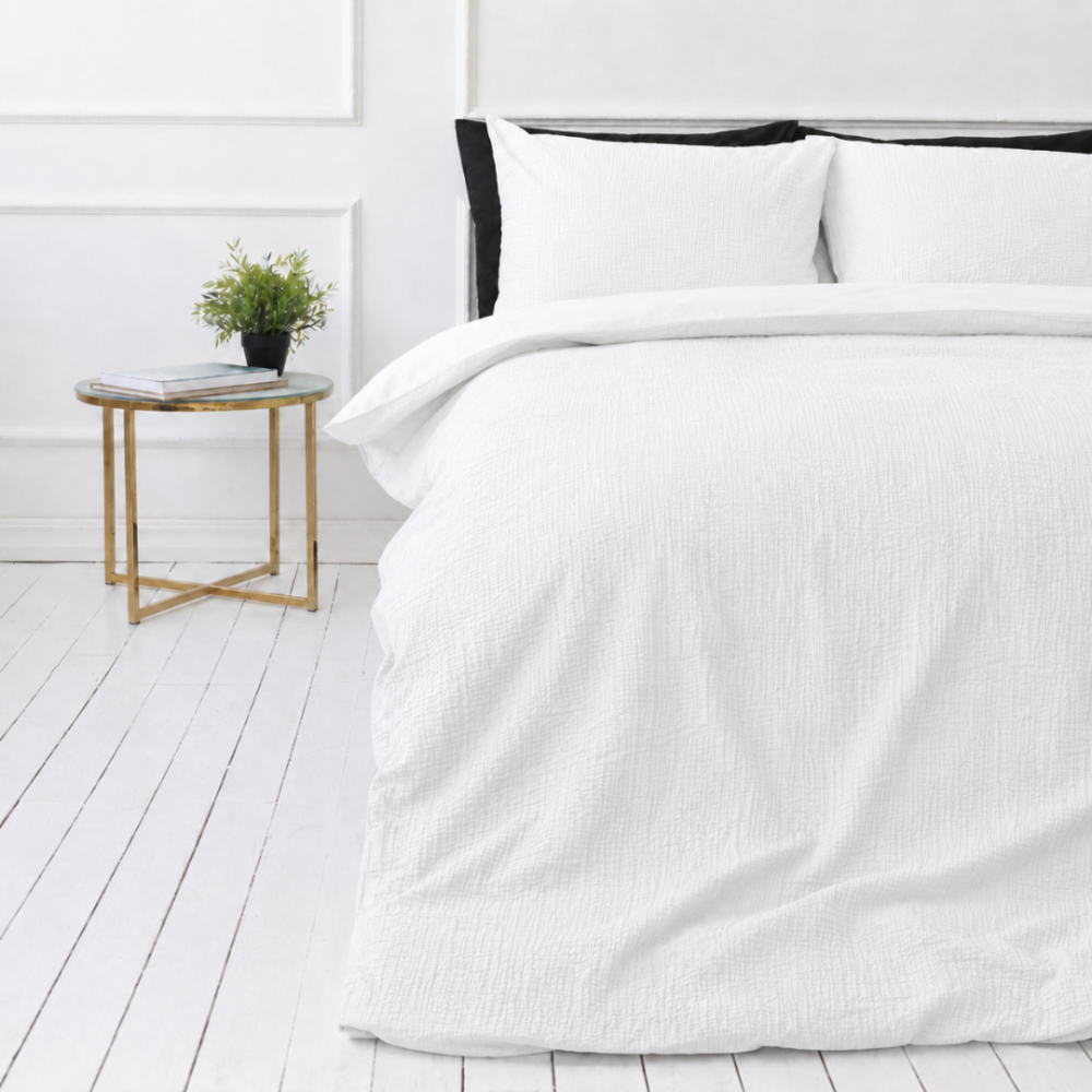 Muslin bedding set „White muslin“. Bedding sets, 140x200 cm, 200x200 cm, 200x220 cm. Solid white bedding set made from soft muslin