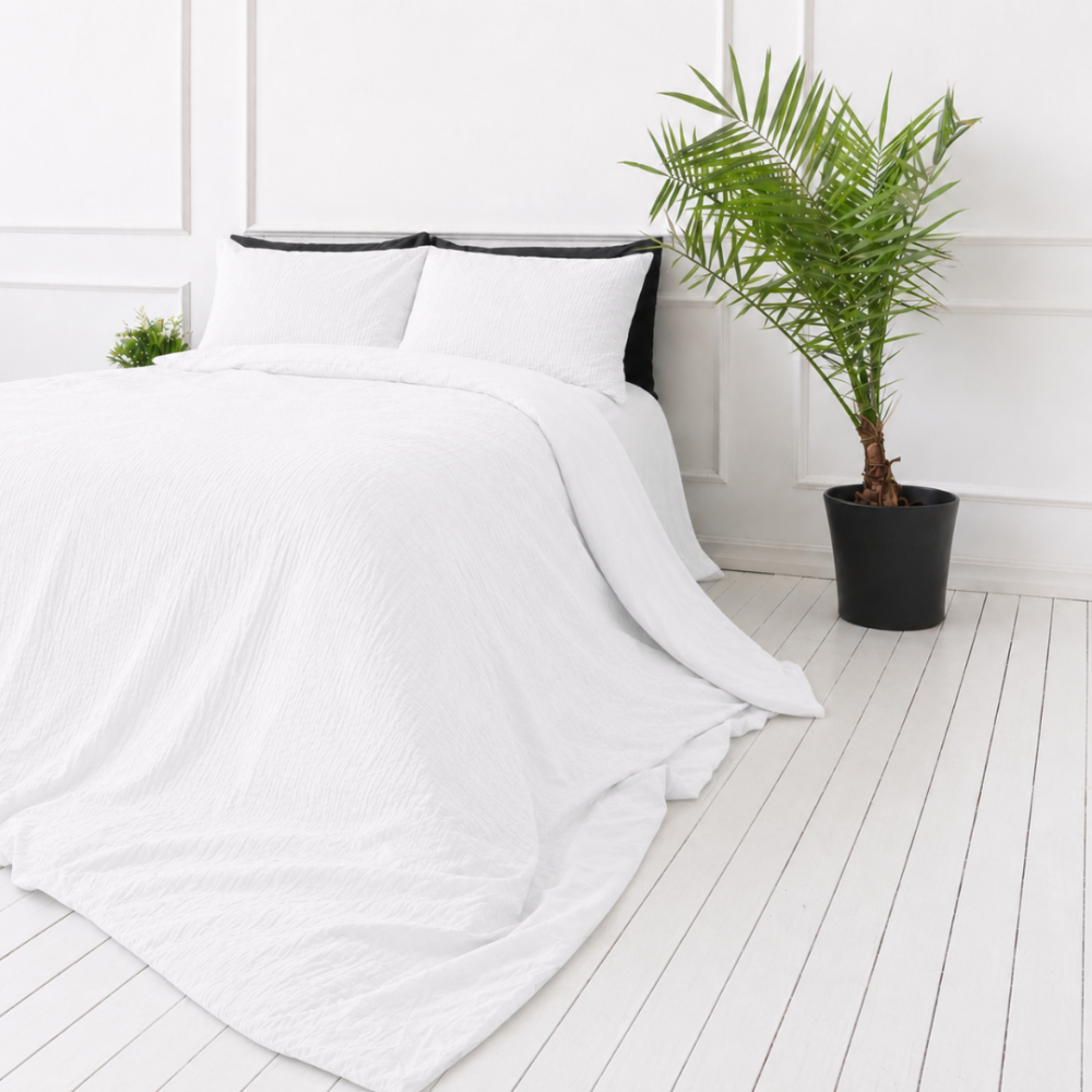 Muslin bedding set „White muslin“. Bedding sets, 140x200 cm, 200x200 cm, 200x220 cm. White muslin bedding with a subtly textured surface