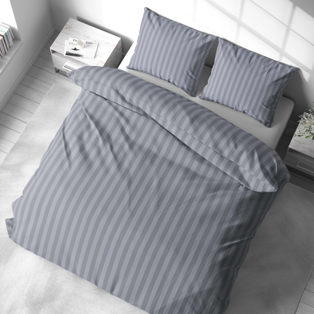 Premium Sateen Bedding Set „Moon Grey Stripe Satin“. Bedding sets 150x200, 140x200 cm, 150x200 cm, 160x200 cm, 180x200 cm, 200x200 cm, 200x220 cm. Elegant grey striped bedding set