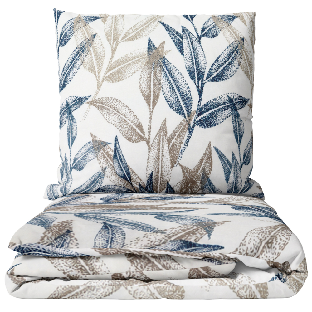 Premium Sateen Bedding Set „Painting“. Bedding sets 150x200, 140x200 cm, 150x200 cm, 160x200 cm, 180x200 cm, 200x200 cm, 200x220 cm, 220x240 cm. White bedding set with blue and sand leaf pattern Premium Sateen Bedding Set „Painting“. Bedding sets 150x200, 140x200 cm, 150x200 cm, 160x200 cm, 180x200 cm, 200x200 cm, 200x220 cm, 220x240 cm. White bedding set with blue and sand leaf pattern