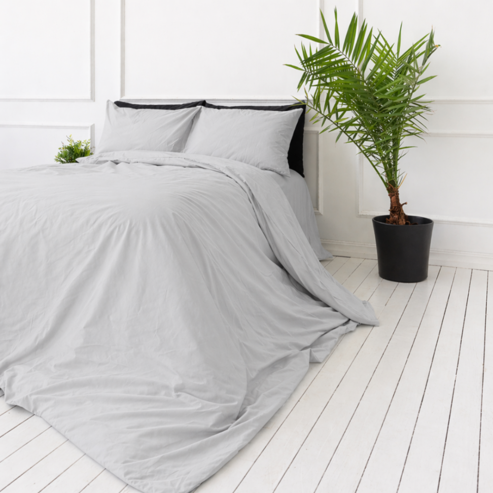 Premium Sateen Bedding Set „Silvara“. Bedding sets 150x200, 140x200 cm, 150x200 cm, 160x200 cm, 180x200 cm, 200x200 cm, 200x220 cm, 220x240 cm. Elegant grey solid bedding design
