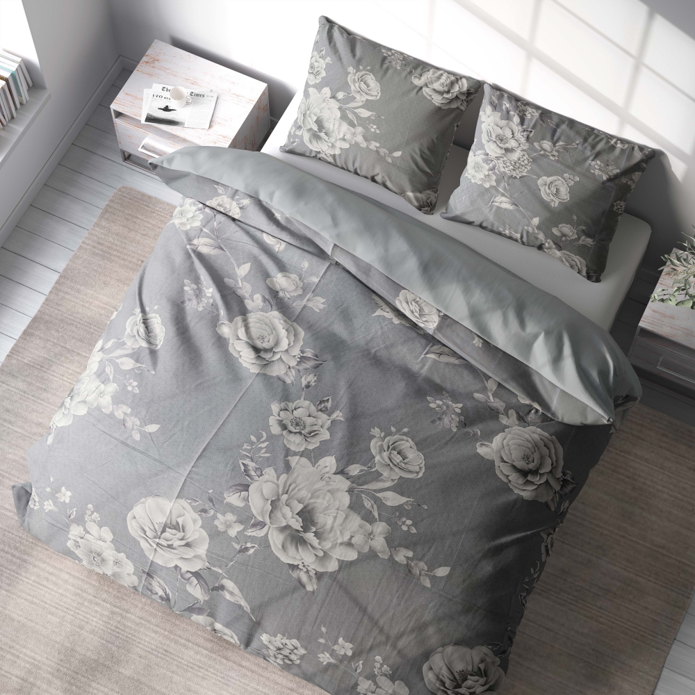 Satin pillowcase “Pivoine”. Chic grey pillowcase adorned with delicate white flowers, adding a subtle touch of nature-inspired beauty to your bed.