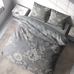 Satin pillowcase “Pivoine”. Chic grey pillowcase adorned with delicate white flowers, adding a subtle touch of nature-inspired beauty to your bed.
