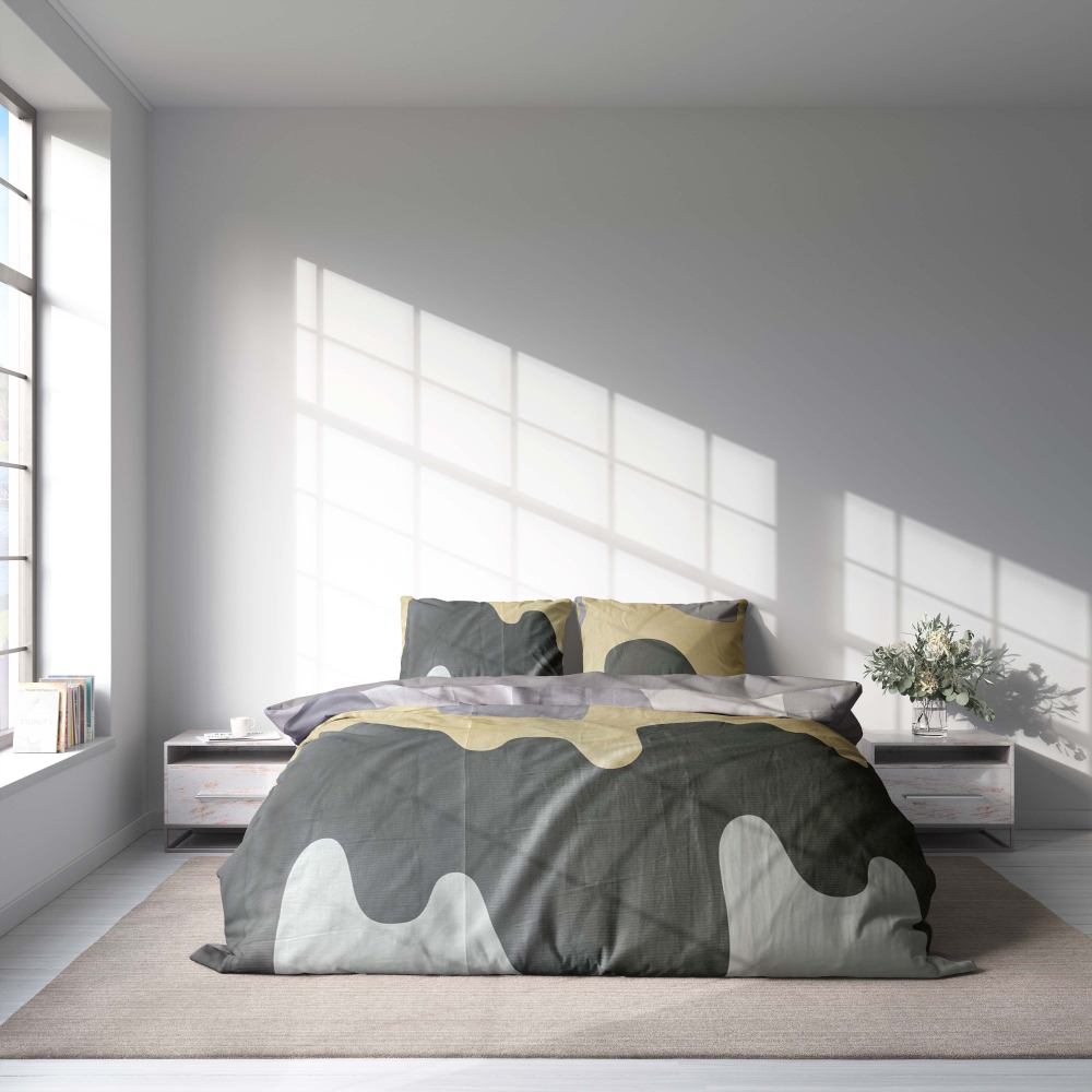 Premium Sateen Bedding Set „Artistic“. Gray bedding sets, 140x200 cm, 200x200 cm, 200x220 cm. Bedding set in grey, sand, and dark grey with blended wave design.