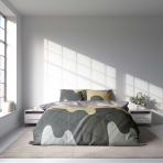 Premium Sateen Bedding Set „Artistic“. Gray bedding sets, 140x200 cm, 200x200 cm, 200x220 cm. Bedding set in grey, sand, and dark grey with blended wave design.