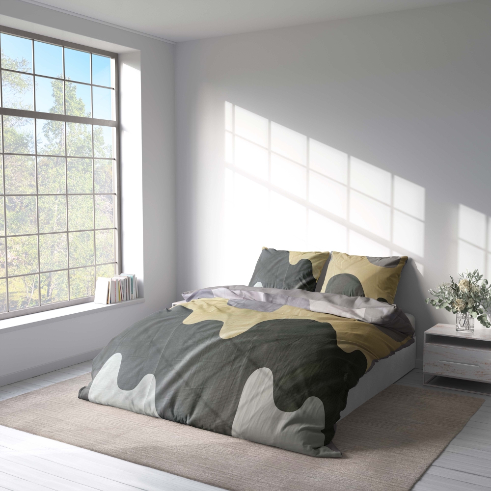 Premium Sateen Bedding Set „Artistic“. Gray bedding sets, 140x200 cm, 200x200 cm, 200x220 cm. Muted tones merge in bedding set with soothing wave patterns.