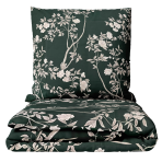 Premium Sateen Bedding Set „Blooming Forest“. Bedding sets 135x200, 140x200 cm, 200x200 cm, 200x220 cm. Dark green bedding set with delicate tree branch design, adorned with soft blossoms for a serene, nature-inspired look.