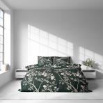 Premium Sateen Bedding Set „Blooming Forest“. Bedding sets 135x200, 140x200 cm, 200x200 cm, 200x220 cm. Dark green bedding set with intricate tree branches and gentle blossoms, adding a touch of nature to any bedroom.