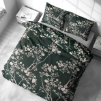 Premium Sateen Bedding Set „Blooming Forest“. Bedding sets 135x200, 140x200 cm, 200x200 cm, 200x220 cm. Lush dark green bedding set with blooming branches, bringing a peaceful, nature-inspired vibe with soft floral accents.