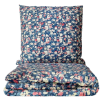 Premium Sateen Bedding Set „Bouquet“. Bedding sets with plants, 140x200 cm, 200x200 cm, 200x220 cm. Dark blue bedding with dainty floral pattern, accented by light blue, pink, and red blooms.