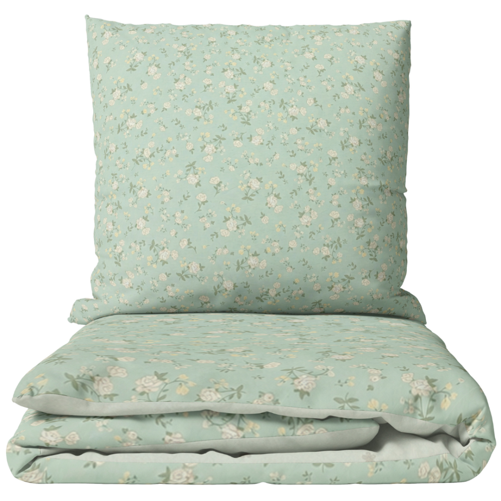 Sateen Bedding Set „Carlone“. Bedding sets 135x200, 140x200 cm, 200x200 cm, 200x220 cm. Light green bedding with a small white and yellowish floral pattern Sateen Bedding Set „Carlone“. Bedding sets 135x200, 140x200 cm, 200x200 cm, 200x220 cm. Light green bedding with a small white and yellowish floral pattern