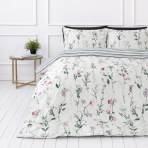 Sateen Bedding Set „Caroline“. Bedding sets 155x200, 140x200 cm, 150x200 cm, 160x200 cm, 180x200 cm, 200x200 cm, 200x220 cm. Pastel green bedding set with multicolored wildflowers.