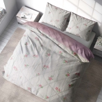 Premium Sateen Bedding Set „Charming“. Patterned bedding sets, 140x200 cm, 200x200 cm, 200x220 cm. White bedding with subtle pink roses and small flowers on grey lines.