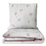Premium Sateen Bedding Set „Charming“. Patterned bedding sets, 140x200 cm, 200x200 cm, 200x220 cm. Chic white bedding with pink roses and small flowers on vertical grey lines.