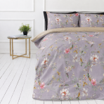 Sateen Bedding Set „Daphne“. Bedding sets 135x200, 140x200 cm, 200x200 cm, 200x220 cm. Grey violet cotton satin bedding set with a floral pattern