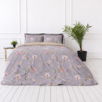 Sateen Bedding Set „Daphne“. Bedding sets 135x200, 140x200 cm, 200x200 cm, 200x220 cm. Floral cotton satin bedding set on a grey violet background