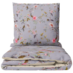 Sateen Bedding Set „Daphne“. Bedding sets 135x200, 140x200 cm, 200x200 cm, 200x220 cm. Grey-purple bedding with a soft pink, white and green floral pattern