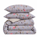 Sateen Bedding Set „Daphne“. Bedding sets 135x200, 140x200 cm, 200x200 cm, 200x220 cm. Grey-purple bedding with a soft pink, white and green floral pattern Sateen Bedding Set „Daphne“. Bedding sets 135x200, 140x200 cm, 200x200 cm, 200x220 cm. Grey-purple bedding with a soft pink, white and green floral pattern