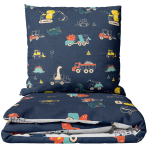 Premium Sateen Bedding Set „Dinoscape“. Patterned bedding sets, 100x140 cm, 140x200 cm. Dark blue bedding set with colorful excavators and dinosaurs