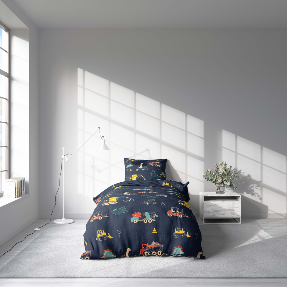Premium Sateen Bedding Set „Dinoscape“. Patterned bedding sets, 100x140 cm, 140x200 cm. Kids bedding set with yellow tractors and green dinosaurs on dark background