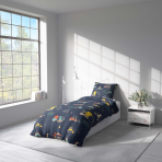Premium Sateen Bedding Set „Dinoscape“. Patterned bedding sets, 100x140 cm, 140x200 cm. Dark navy bedding with construction vehicles and dinosaur pattern