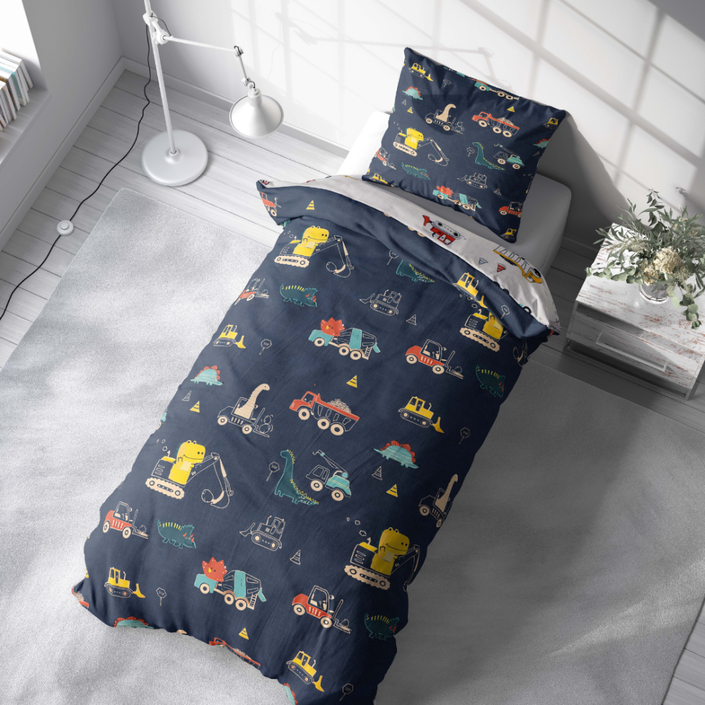 Premium Sateen Bedding Set „Dinoscape“. Patterned bedding sets, 100x140 cm, 140x200 cm. Dark blue background decorated with bright trucks and dinosaurs