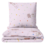 Premium Sateen Bedding Set „Dreamy Dots“. Patterned bedding sets, 140x200 cm. Bright pink bedding set with adorable bears, bunnies, and dogs, featuring colorful dots in yellow, green, blue, and red.