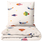 Premium Sateen Bedding Set „Fish wish“. Bedding sets 135x200, 100x140 cm, 140x200 cm. Cream bedding set with colorful fish pattern
