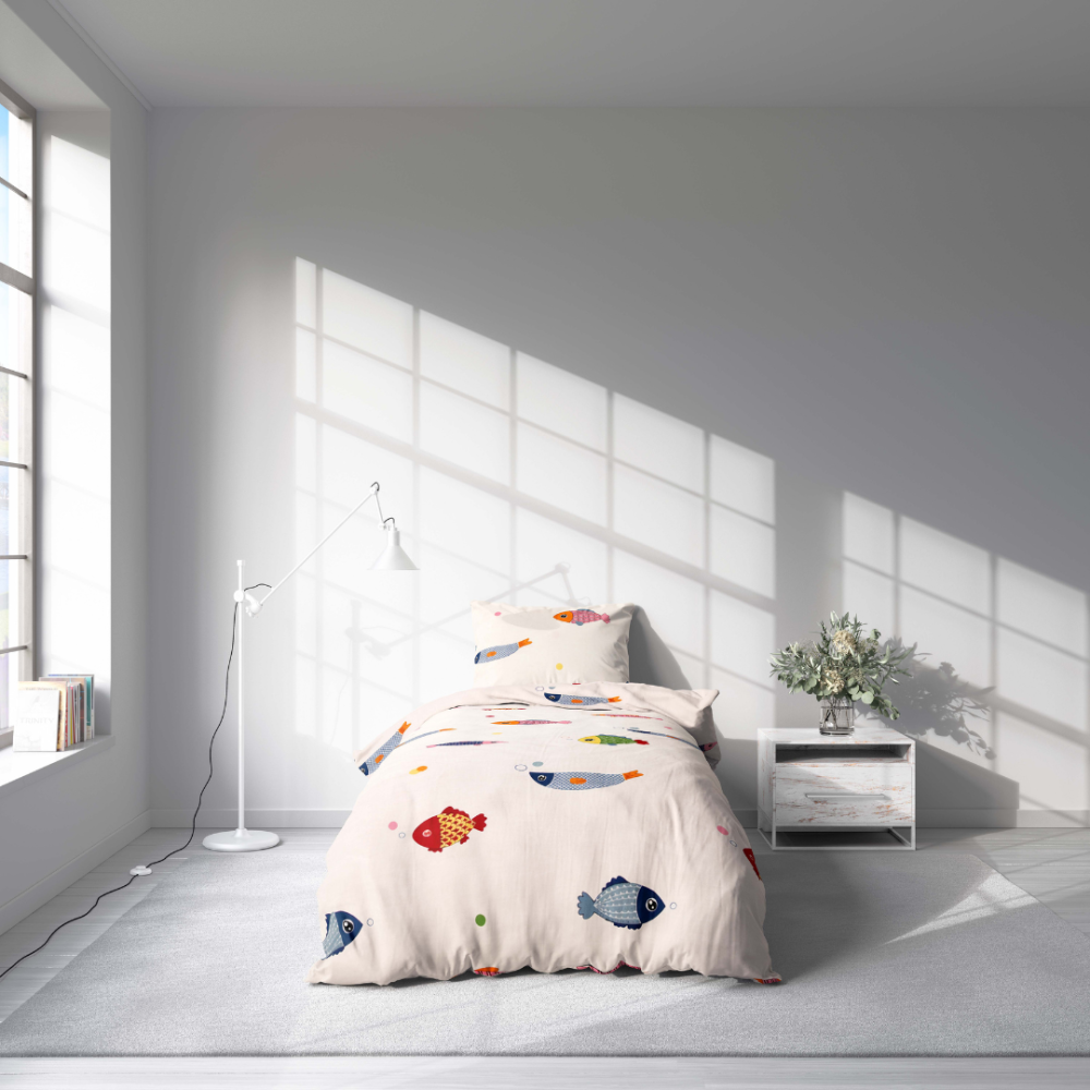 Premium Sateen Bedding Set „Fish wish“. Bedding sets 135x200, 100x140 cm, 140x200 cm. Kids bedding set with blue and red fish