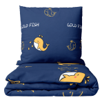 Premium Sateen Bedding Set „Gold Fish“. Bedding sets 135x200, 140x200 cm. Dark blue bedding set with yellow whale motifs and white decorative accents. Premium Sateen Bedding Set „Gold Fish“. Bedding sets 135x200, 140x200 cm. Dark blue bedding set with yellow whale motifs and white decorative accents.