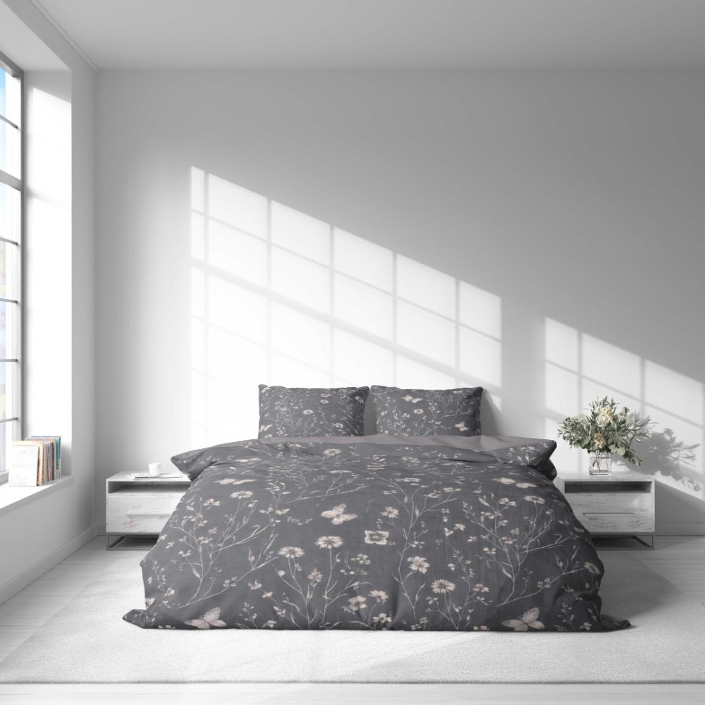 Sateen Bedding Set „Florivane“. Bedding sets 155x200, 140x200 cm, 150x200 cm, 160x200 cm, 180x200 cm, 200x200 cm, 200x220 cm. Graphite tone bedding set with botanical print