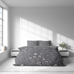 Sateen Bedding Set „Florivane“. Bedding sets 155x200, 140x200 cm, 150x200 cm, 160x200 cm, 180x200 cm, 200x200 cm, 200x220 cm. Graphite tone bedding set with botanical print