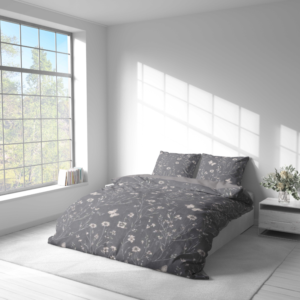Sateen Bedding Set „Florivane“. Bedding sets 155x200, 140x200 cm, 150x200 cm, 160x200 cm, 180x200 cm, 200x200 cm, 200x220 cm. Grey bedding with light flower motifs