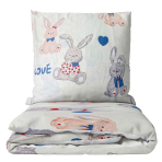 Premium Sateen Bedding Set „Hare“. Patterned bedding sets, 140x200 cm. Charming kids bedding set in light color with playful grey and light brown rabbits, perfect for a cozy and cheerful bedroom.