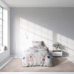 Premium Sateen Bedding Set „Hare“. Patterned bedding sets, 140x200 cm. Cute kids bedding set in a soft light color adorned with grey and light brown rabbits, ideal for a fun and cozy sleep space.