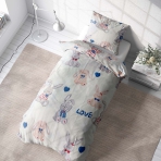 Premium Sateen Bedding Set „Hare“. Patterned bedding sets, 140x200 cm. Playful kids bedding set with a light backdrop and whimsical grey and light brown rabbits, perfect for a delightful and snug room.
