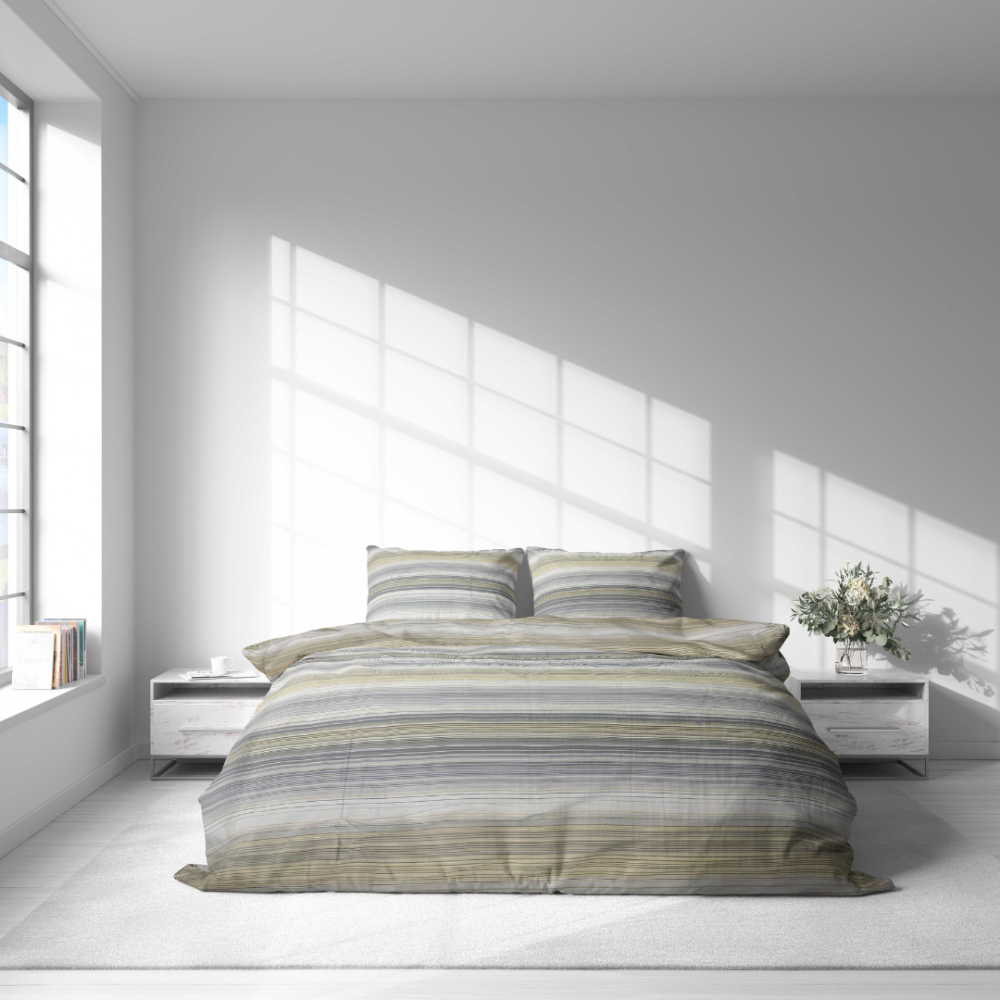 Premium Sateen Bedding Set „Lineplay“. Gray bedding sets, 140x200 cm, 200x200 cm, 200x220 cm. Light grey and grey bedding set with soft yellow and blue shades, showcasing a small lines design for a modern look.