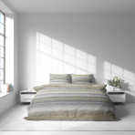 Premium Sateen Bedding Set „Lineplay“. Gray bedding sets, 140x200 cm, 200x200 cm, 200x220 cm. Light grey and grey bedding set with soft yellow and blue shades, showcasing a small lines design for a modern look.