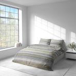 Premium Sateen Bedding Set „Lineplay“. Gray bedding sets, 140x200 cm, 200x200 cm, 200x220 cm. Grey bedding set with light yellow and blue highlights, detailed with a sleek small lines pattern for a refined touch.