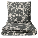 Sateen Bedding Set „Lunar Rose“. Bedding sets 135x200, 140x200 cm, 150x200 cm, 160x200 cm, 180x200 cm, 200x200 cm, 200x220 cm. Grey bedding set adorned with light-colored rose branches and blossoms, adding a soft, romantic touch to the bedroom.